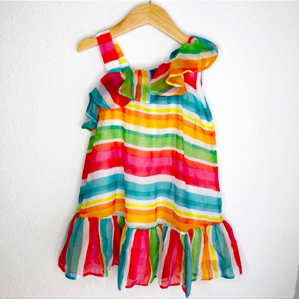 Girl’s Mayoral dress rainbow watercolor one shoulder asymmet straps 5 years